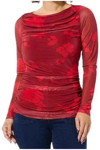 DG2 by Diane Gilman Women's Printed Mesh Boat-Neck Top Wine Red - Picture 1 of 1