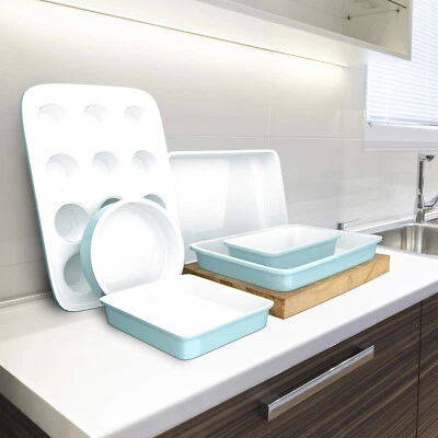 Juego de sartenes para hornear de 6 piezas, utensilios para hornear de acero al carbono, revestimiento antiadherente de cerámica - turquesa Foto 1 de 4