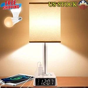 Table Lamp W/ 4 USB Ports AC Outlets Alarm Clock Function Modern Design - Picture 1 of 7