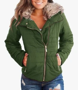 Blibea Womens Green Faux Fur Collar Quilted Parka Jacket 2XL NWOT - Picture 1 of 11