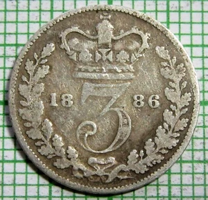GREAT BRITAIN QUEEN VICTORIA 1886 3 PENCE THREEPENCE, 0.925 SILVER km# 730 - Picture 1 of 6