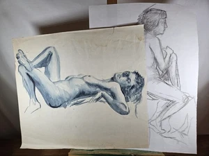 SET OF TWO ORIGINAL LIFE DRAWINGS NUDE STUDIES BLUE WASH DOUBLE SIDED & GRAPHITE - Picture 1 of 24