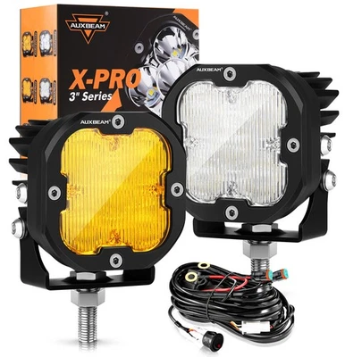 2x AUXBEAM 3" 80W 9600LM LED Pods Work Light Amber Flood + White Lights & Wiring Foto 1 de 4