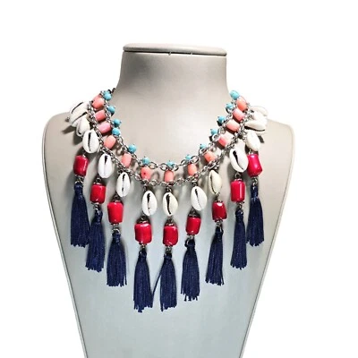 Collar Tommy Bahama para mujer llamativo borla cowrie plateado nuevo con etiquetas Foto 1 de 4