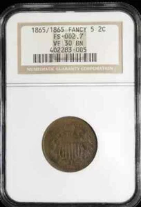 1865/1865 P Two Cent Piece - NGC VF30 BN VP-002 FS-1302 - Picture 1 of 4
