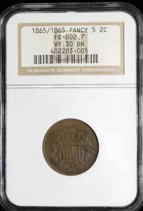 1865/1865 P Two Cent Piece - NGC VF30 BN  VP-002 FS-1302 - Image 1 of 4