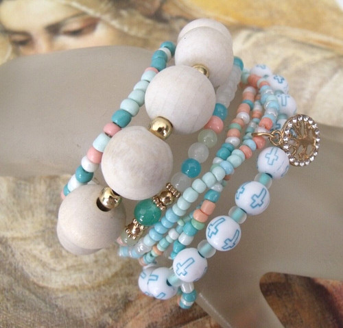 OFF WHITE Nuovo lotto 7 braccialetti elastici cristiani colori spiaggia colori albero della vita