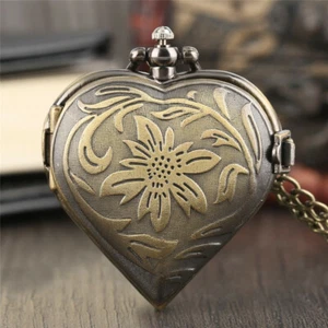 Vintage Quartz Pocket Watch Gift Half Hunter Chain Heart Shape Girl Bronze Retro - Picture 1 of 12