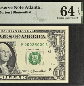 1977 $1 Federal Reserve Note PMG 64EPQ - Birthday Fancy Serial Number 00025000 - Picture 1 of 3