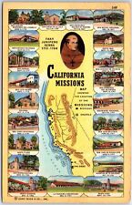 VINTAGE POSTCARD ANIMATED PICTORIAL MAP OF THE MISSIONS OF CALIFORNIA 1943
