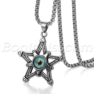 Men's Stainless Steel Double-sided Pentacle Devil's Eye Pendant Necklace Chain - Picture 1 of 7