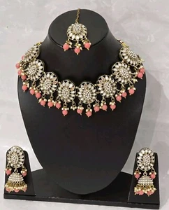 Indian Pakistani Mirror Work Jewellery Set With Pink And White Pearls - Picture 1 of 4