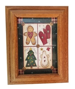 Vintage Holz Bilderrahmen mit Weihnachtsbaum, Schneemann, Bild 6,5x4,7 cm - Bild 1 von 7
