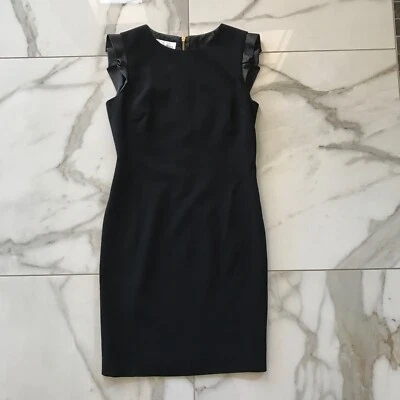 Emilio Pucci Dress Womens 10 Black Wool Sheath Lamb Leather Cap Sleeves - Image 1 of 4