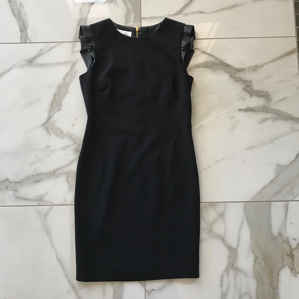 Emilio Pucci Dress Womens 10 Black Wool Sheath Lamb Leather Cap Sleeves - Image 1 of 4