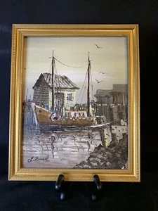Original Oil PAINTING Signed L Russel Seascape Nautical Harbor Fishing Wharf MCM - Picture 1 of 12