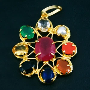 Navratna Gemstone Pendant – 9 Planet Healing Stones Handmade Gold Plated Jewelry - Picture 1 of 9