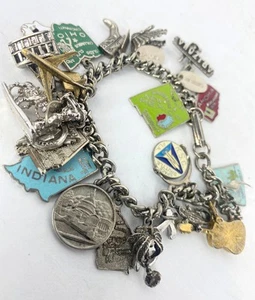 Bracciale Vintage Viaggiatori Argento Sterling 925 Charm 7" Charms 24, 60g - Foto 1 di 15