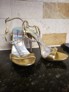 🔥Women's 7🔥Dazzling Gold & Rhinestone 4" Strappy, Stilleto High Heels, Pumps - Picture 1 of 11