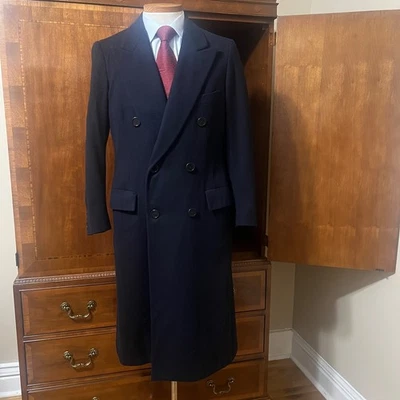 Navy Blue Peak Lapel Overcoat Vintage Saks Fifth Avenue Union Made Pinstripe 40R - Image 1 of 4