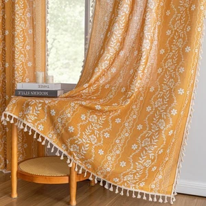 Golden Yellow Boho Floral Curtains 84 inch Length 2 Panels Set Farmhouse Line... - Bild 1 von 8