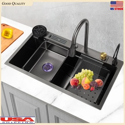 Fregadero de cocina Waterfall Flying Rain grifo extraíble cuenco individual acero inoxidable Foto 1 de 4