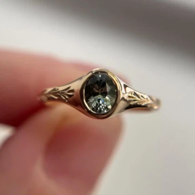 Bezel Set Simulated Teal Green Sapphire 1.25CT Real 10K Yellow Gold Wedding Ring - Image 1 of 4