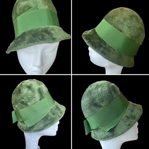 Vintage 60s Cloche Style Hat By BERMONA Green Furry Material With Ribbon Trim - Picture 1 of 10