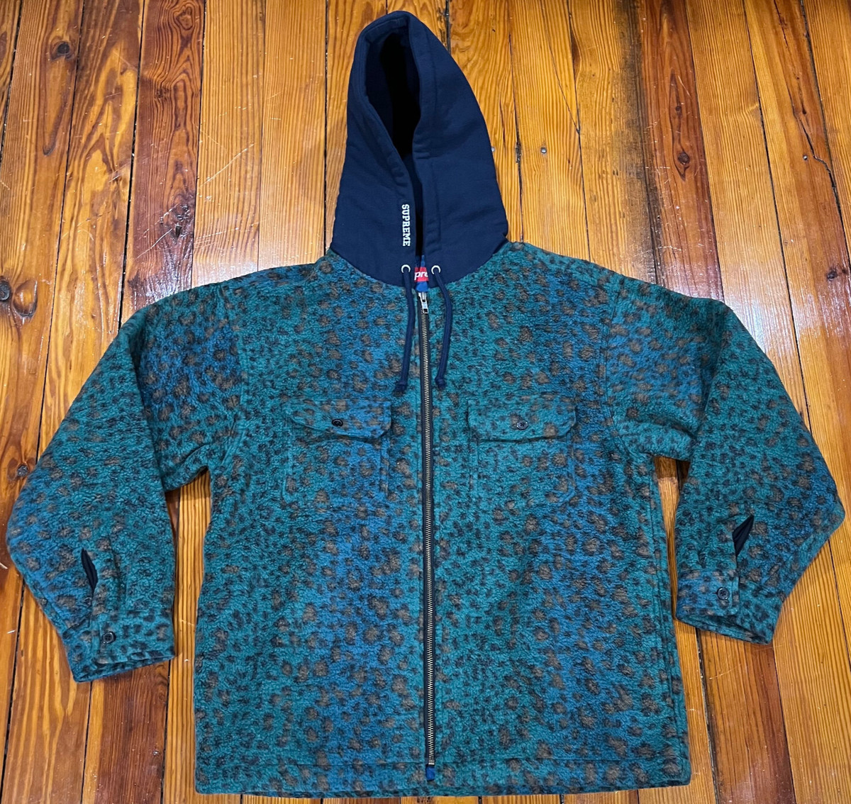 Supreme Fleece Zip Up Hooded Shirt Teal Leopard Size Small FW23