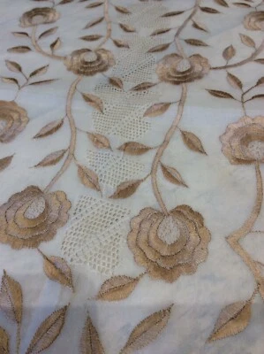 "Tela de panel de organdí vintage Hawaii bordada beige tostado manualidades de costura 90,5X37""" Foto 1 de 4