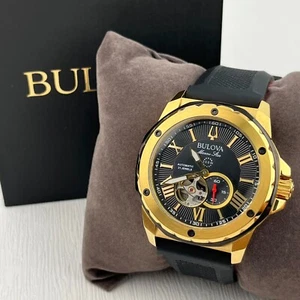 Bulova Marine Star Automatic Black / Gold Dial Rubber Strap Men's Watch 98A272 - Picture 1 of 7