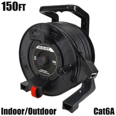 150FT Cat6A RJ45 Ethernet Network S/FTP Shield Cable Retractable Extension Reel - Image 1 of 4