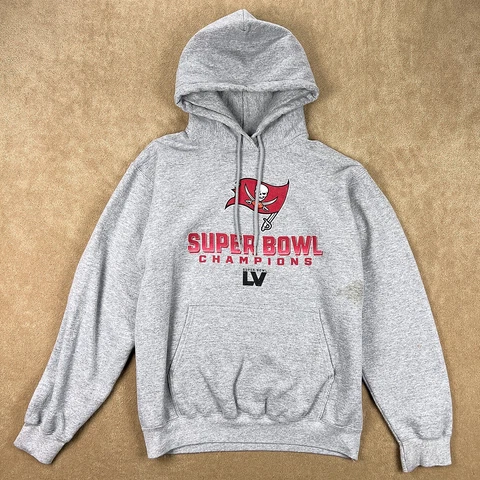 Tampa Bay Buccaneers Super Bowl Champions Hoodie Mens Medium Gray Sweater Fleece Cover
