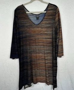 Clara Sun Woo Tunic XL Dark Ombre Striped Stretch 3/4 Sleeve V-Neck Lagenlook - Picture 1 of 6