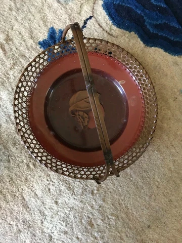 Vintage Imitated Wicker Lacquered Metal Copper Woven Round Basket w/ Handle 10"D Cover