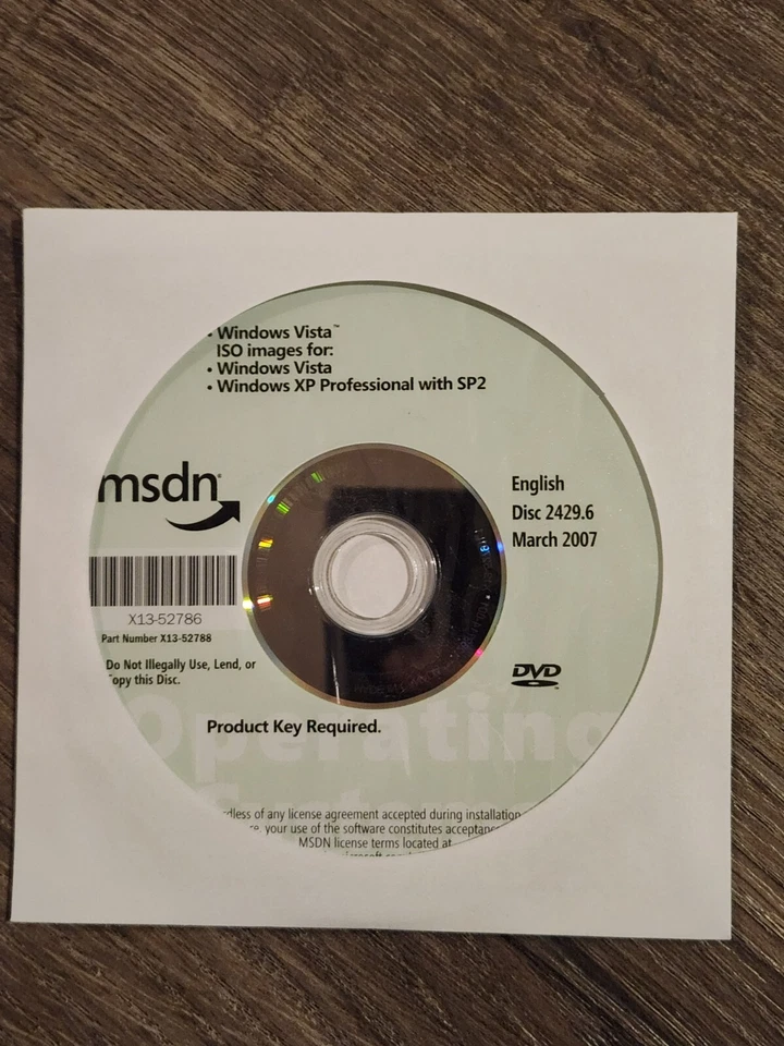 Microsoft Windows Vista and XP Professional with SP2 MSDN DVD Disc English - Image 1 of 1
