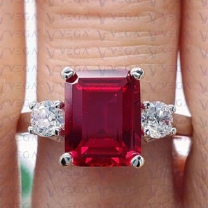 4.60Ct Emerald Cut Natural Ruby & Diamond Engagement Ring 18K White Gold Plated - Picture 1 of 17