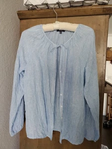NYDJ schwere Baumwollbluse Knopfleiste plissierter Ausschnitt Damen XS blau weiß Nadelstreifen - Bild 1 von 9