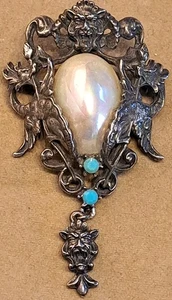 FLORENZA Gargoyle Dangle Brooch Faux Pearl Turquoise Silver Tone Vintage Large - Picture 1 of 10