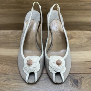 Chanel Camellia Flower Cream Slingback Pumps 9.5 EU 39.5 Peep Toe Beige - Picture 1 of 13