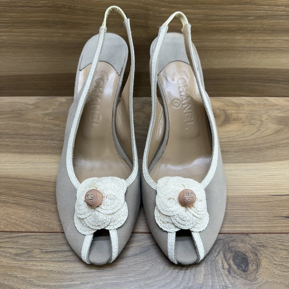 Chanel Camelia Flor Crema Zapatos con Cordones 9.5 EU 39.5 Peep Toe Beige Foto 1 de 4