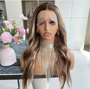 HD Lace Front Wig Human Hair Blend Highlights Honey BROWN Light Blonde  - Picture 1 of 6