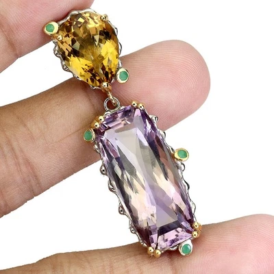 925 Pendente Argento Sterling Antico Ametrino 41ct Citrino Fatto a Mano Gemma - Immagine 1 di 4