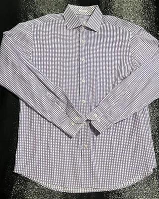 Mens large Bugatti Shaped fit button up long sleeve shirt-purple checkered  - Image 1 of 4