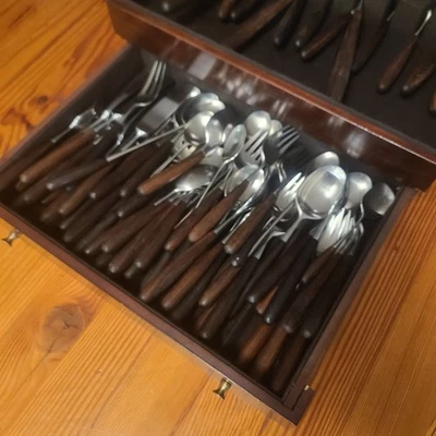 71 Lot Towle Lauffer Norway Palisander Stainless Flatware Set MCM 1950s w/Box - Image 1 of 4