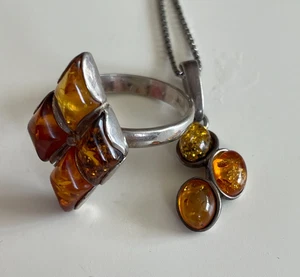 Schmuckset Silber & Bernstein Ring Anhänger Kette (21) - Bild 1 von 12