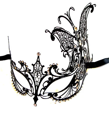Stunning Black Butterfly Venetian Style Metal Filigree Masquerade Mask Diamante - Image 1 of 2