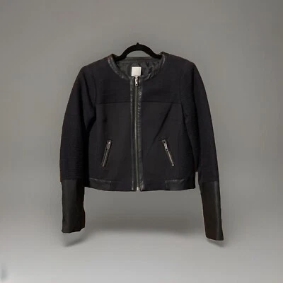 Blazer halógeno mediano negro corto moto chaqueta imitación cuero ribete algodón spandex Foto 1 de 4