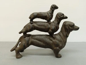 Vintage Heavy Cast Iron Trio Stacked Dachshund Wiener Dog Figurine Door Stop - Picture 1 of 11