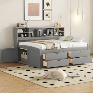 Full Size Wood Daybed Sofa Bed Slatted W/ 2 Cabinets Side Shelves 4 Drawers Gray - Picture 1 of 9